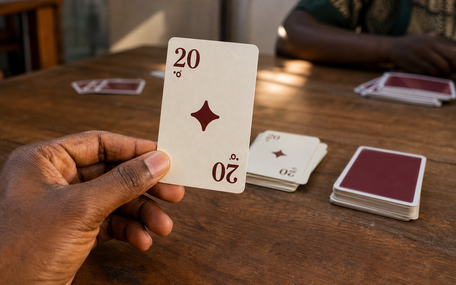 A player holding an ivory Whot-style 20 shape-call card at a wooden table.