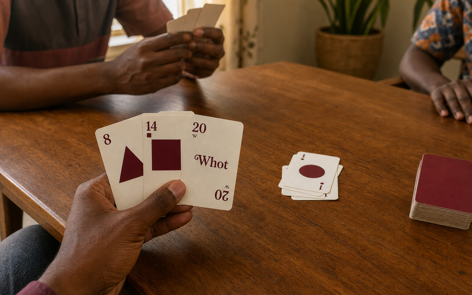 A Whot player thinking through a risky hand with high-value cards near the discard pile.