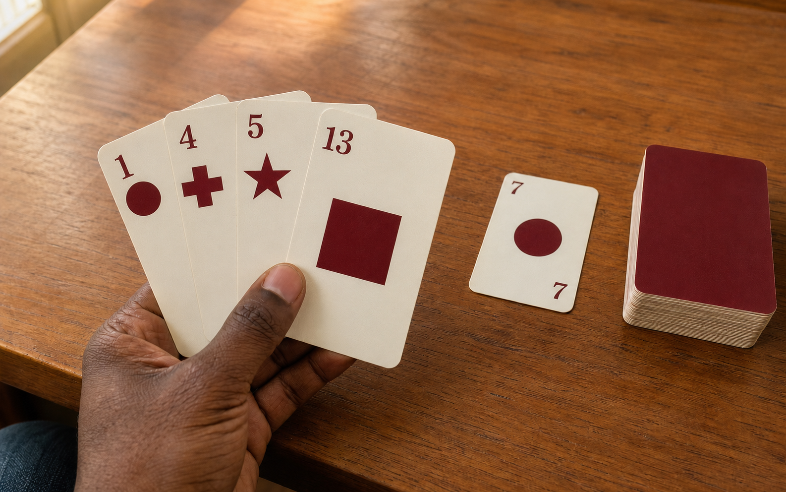 A Whot player holding four cards with solid circle, cross, star, and square symbols.