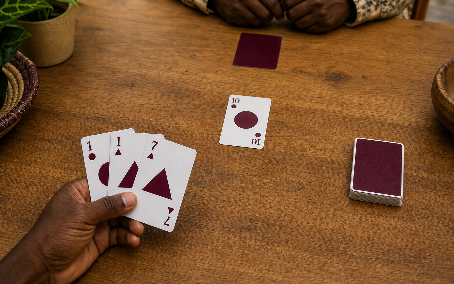 A Whot challenge board showing Circle 10 on the table and three playable cards in hand.