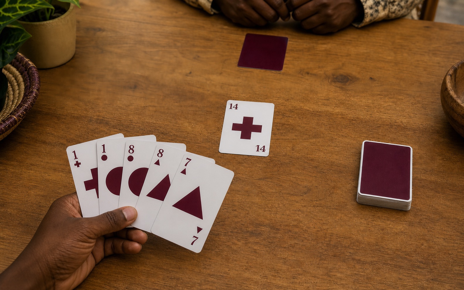 A Whot challenge board with Cross 14 on the table and five cards in hand for a number-bridge puzzle.