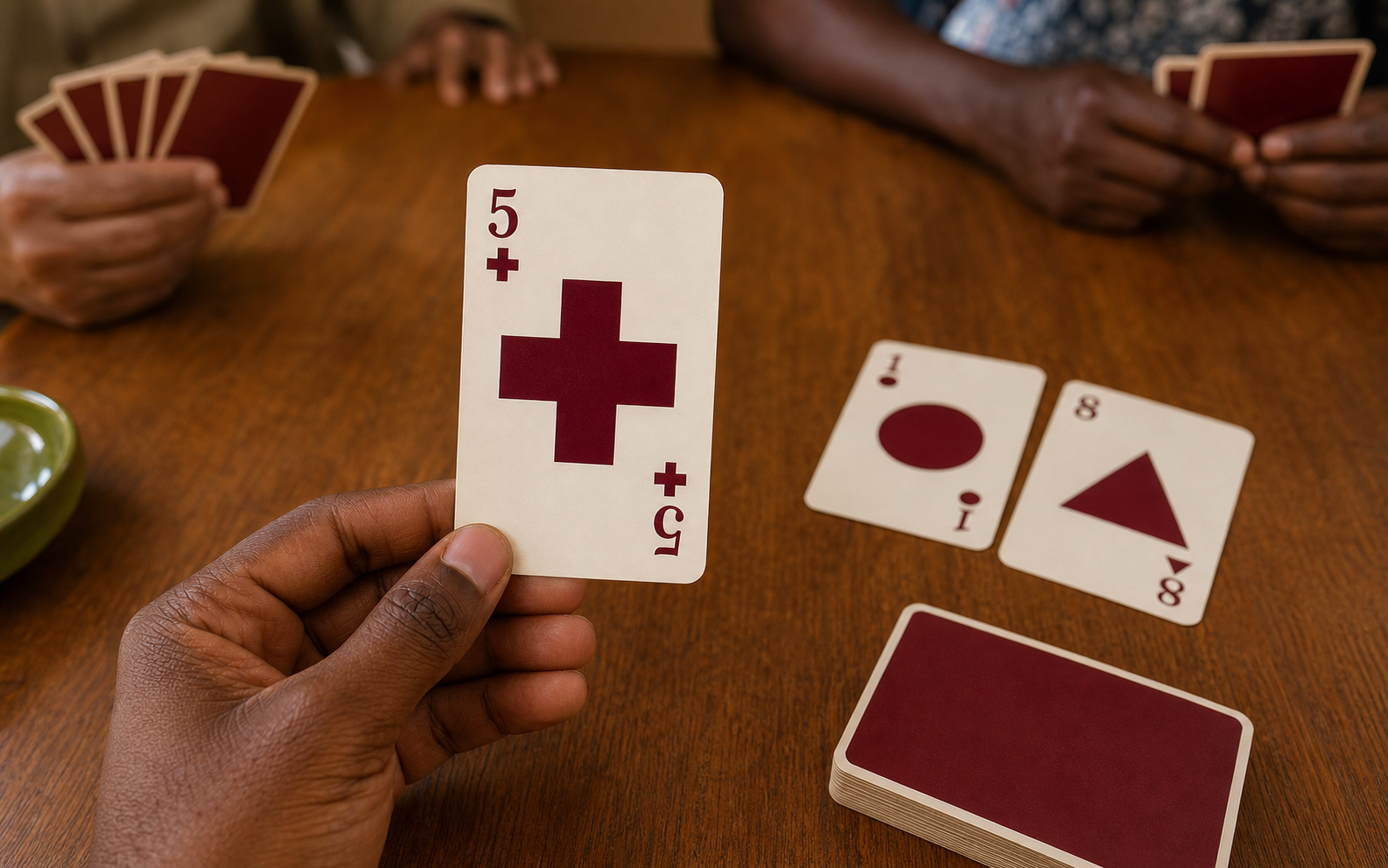 A Whot 5 card in focus on a wooden table, with other special cards softly blurred in the background.