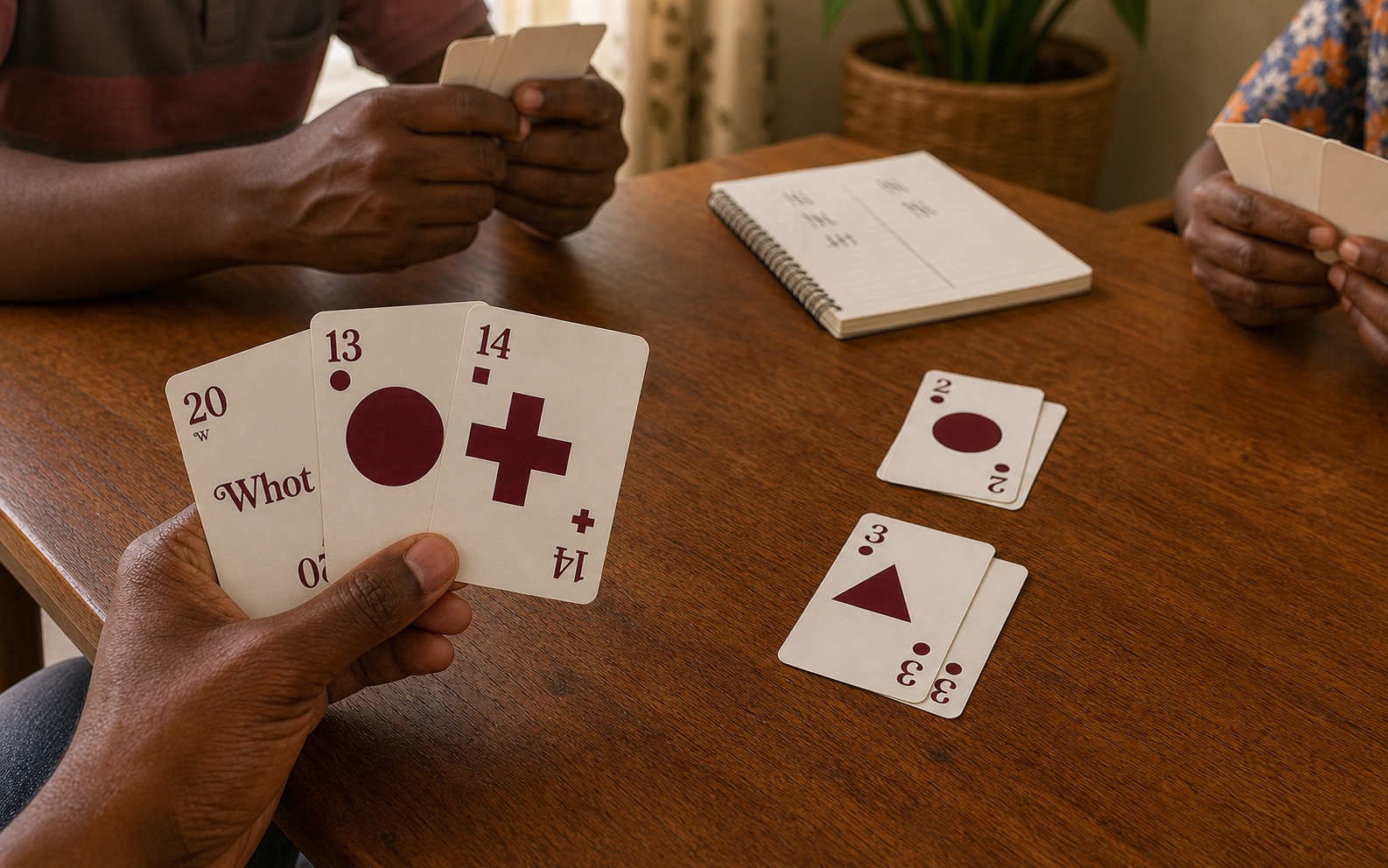 A Whot end-of-round hand with high and low cards on a wooden table beside a simple score sheet.