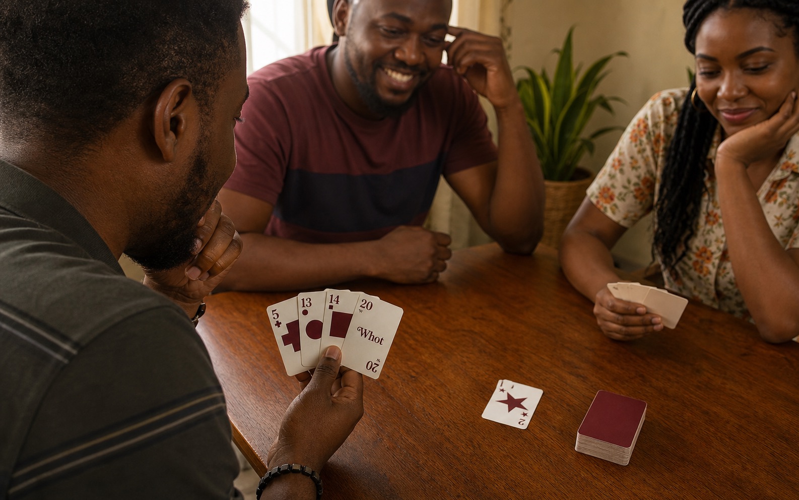 A casual Whot table where a player studies a difficult Whot hand.